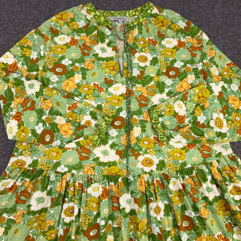 D'Ascoli Green Floral Cotton Hand Woven Mini Dress Womens Medium Boho Tassel Tie - Picture 7 of 9